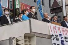 Utsunomiya Kenji (candidate of Tokyo gubernatorial election), Fukushima Mizuho, Shii Kazuo, and Edano Yukio(June 18, 2020, Minato City, Tokyo)